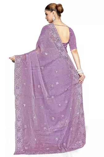 Lavender designer resham sequence embroidery crush silk saree