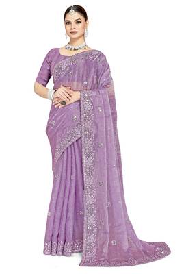 Lavender designer resham sequence embroidery crush silk saree 5
