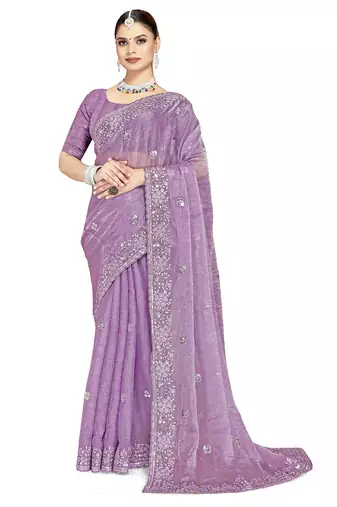 Lavender designer resham sequence embroidery crush silk saree
