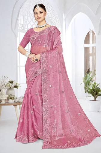 Pink designer resham sequence embroidery crush silk saree