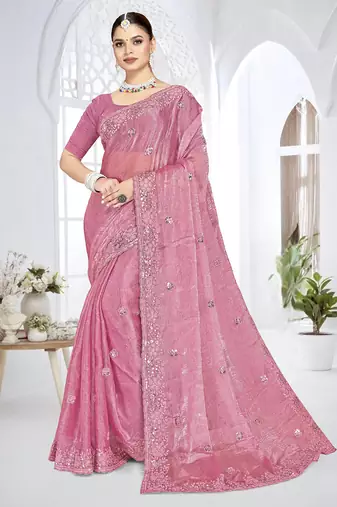 Pink designer resham sequence embroidery crush silk saree