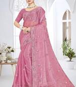 Pink designer resham sequence embroidery crush silk saree