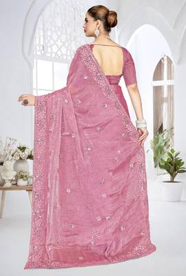 Pink designer resham sequence embroidery crush silk saree 2