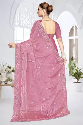 Pink designer resham sequence embroidery crush silk saree