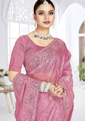 Pink designer resham sequence embroidery crush silk saree 3
