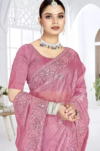Pink designer resham sequence embroidery crush silk saree