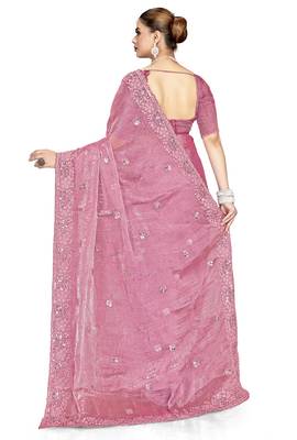 Pink designer resham sequence embroidery crush silk saree 4