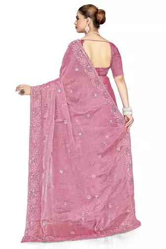 Pink designer resham sequence embroidery crush silk saree