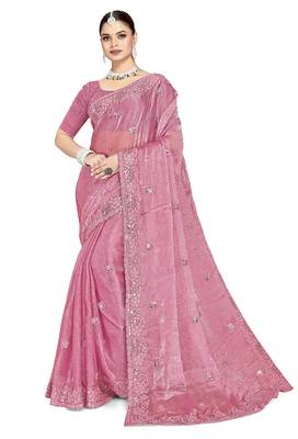 Pink designer resham sequence embroidery crush silk saree 5