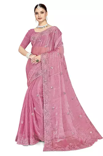 Pink designer resham sequence embroidery crush silk saree