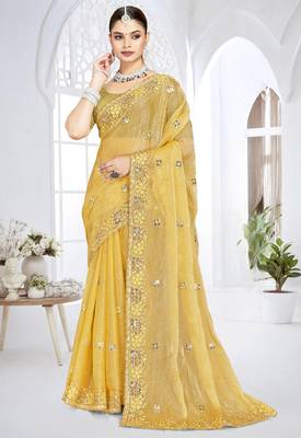 Mustard designer resham sequence embroidery crush silk saree 1