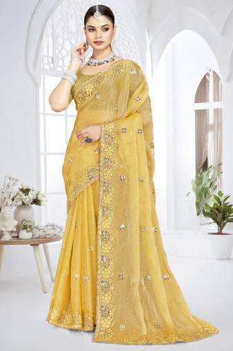 Mustard designer resham sequence embroidery crush silk saree