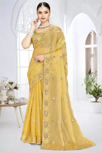 Mustard designer resham sequence embroidery crush silk saree