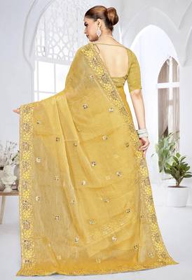 Mustard designer resham sequence embroidery crush silk saree 2