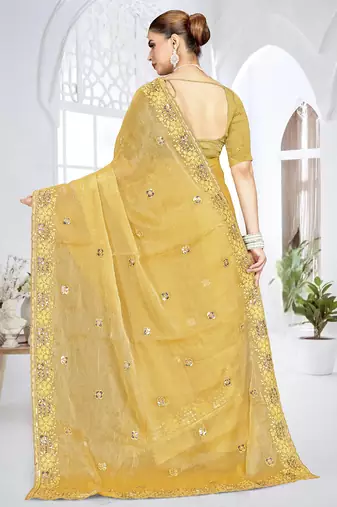 Mustard designer resham sequence embroidery crush silk saree