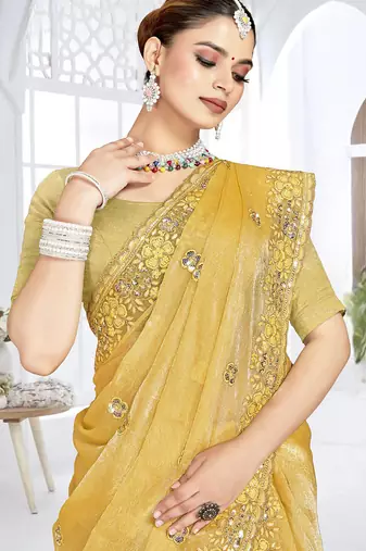 Mustard designer resham sequence embroidery crush silk saree