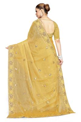 Mustard designer resham sequence embroidery crush silk saree 4