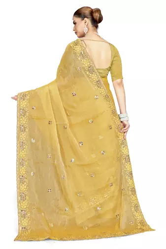 Mustard designer resham sequence embroidery crush silk saree