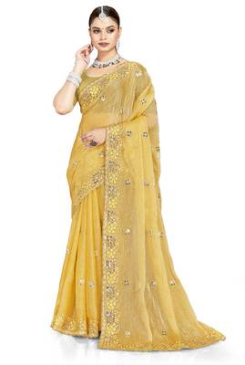 Mustard designer resham sequence embroidery crush silk saree 5