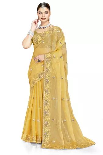 Mustard designer resham sequence embroidery crush silk saree