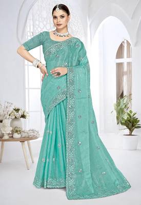 Sky blue designer resham sequence embroidery crush silk saree 1