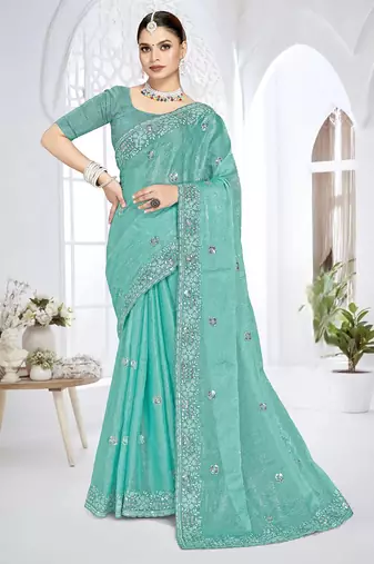 Sky blue designer resham sequence embroidery crush silk saree