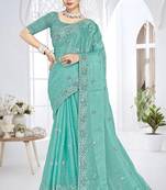 Sky blue designer resham sequence embroidery crush silk saree