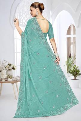 Sky blue designer resham sequence embroidery crush silk saree 2