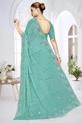Sky blue designer resham sequence embroidery crush silk saree