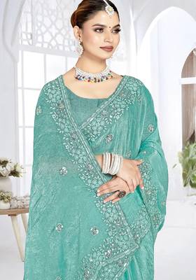 Sky blue designer resham sequence embroidery crush silk saree 3