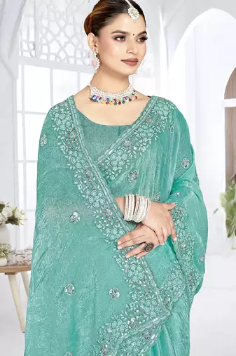 Sky blue designer resham sequence embroidery crush silk saree