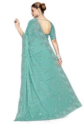 Sky blue designer resham sequence embroidery crush silk saree 4