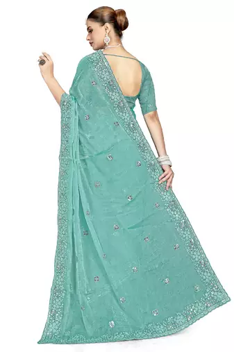 Sky blue designer resham sequence embroidery crush silk saree