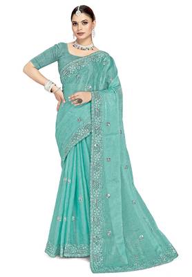 Sky blue designer resham sequence embroidery crush silk saree 5