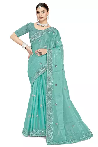 Sky blue designer resham sequence embroidery crush silk saree