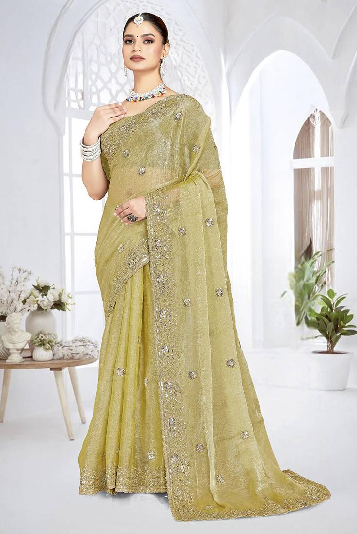 Green designer resham sequence embroidery crush silk saree