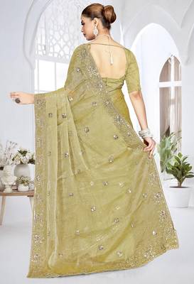 Green designer resham sequence embroidery crush silk saree 2