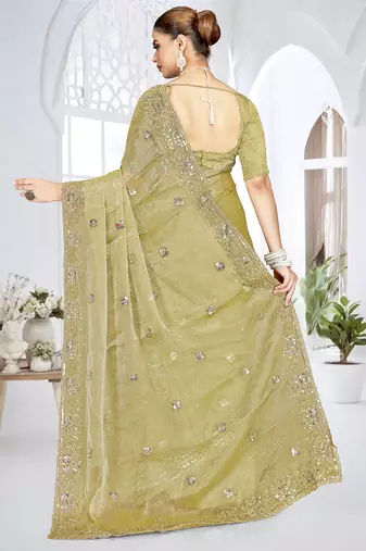 Green designer resham sequence embroidery crush silk saree