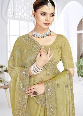 Green designer resham sequence embroidery crush silk saree 3