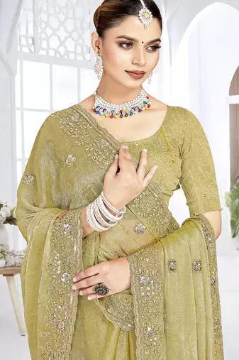 Green designer resham sequence embroidery crush silk saree