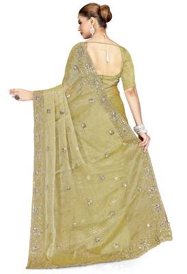 Green designer resham sequence embroidery crush silk saree 4