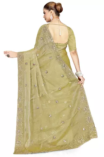 Green designer resham sequence embroidery crush silk saree