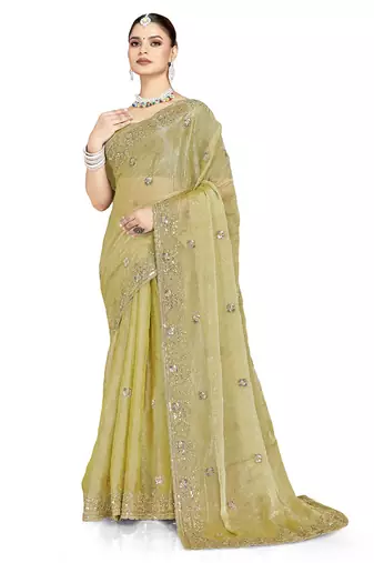 Green designer resham sequence embroidery crush silk saree