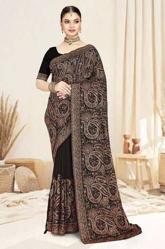 Designer black resham multi kashmiri embroidery work georgette saree