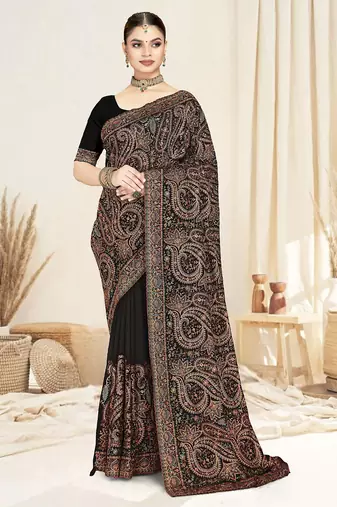 Designer black resham multi kashmiri embroidery work georgette saree