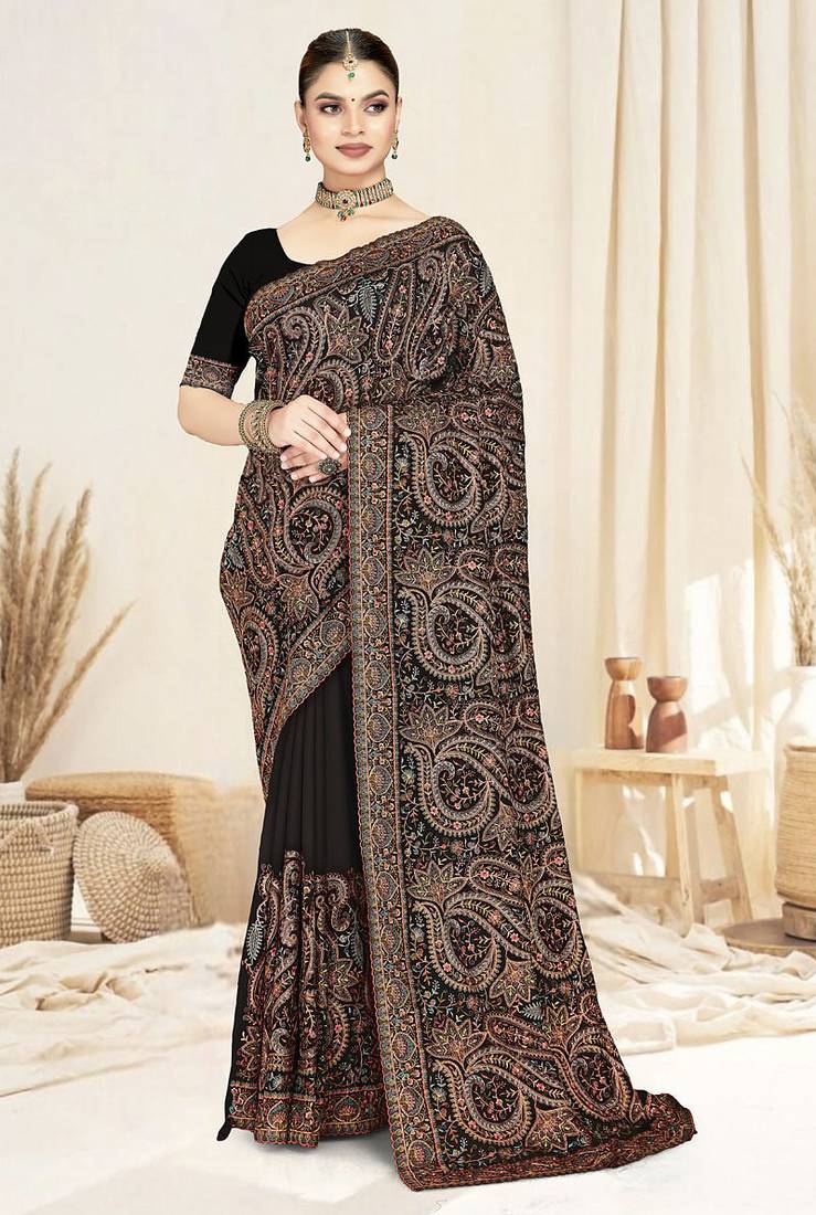 Designer black resham multi kashmiri embroidery work georgette saree