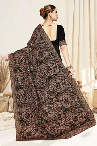 Designer black resham multi kashmiri embroidery work georgette saree