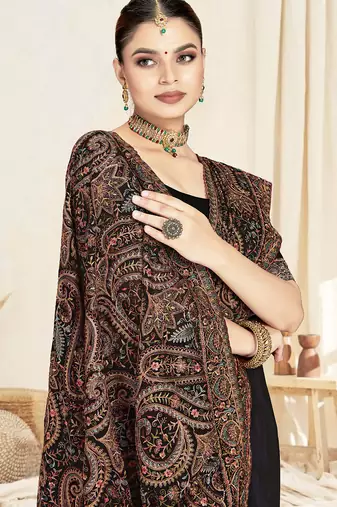 Designer black resham multi kashmiri embroidery work georgette saree