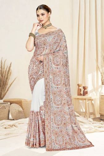 Designer white resham multi kashmiri embroidery work georgette saree