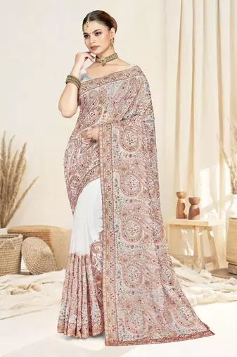 Designer white resham multi kashmiri embroidery work georgette saree